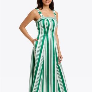 Draper James Green and White Square Neck Midi Sundress